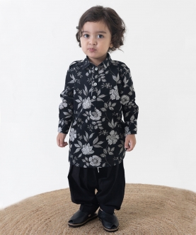 Boy Printed Cotton Pathani Kurta Set - Black